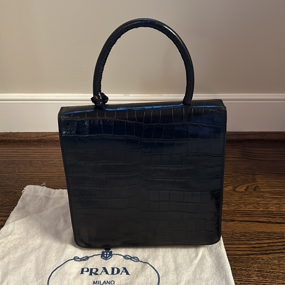 90’s Prada Black Croc embossed leather top handle handbag. - Picture 3 of 13